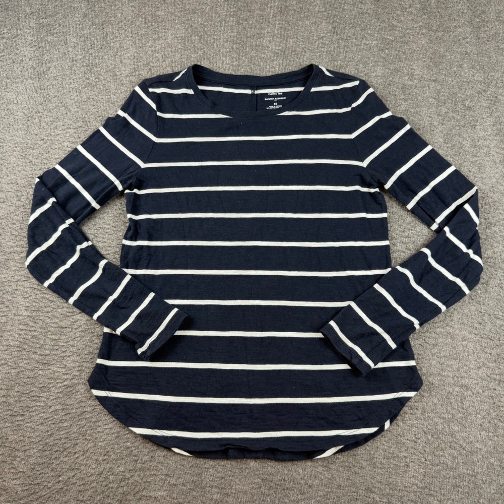 Banana Republic Malibu Tee Women's XS Navy Blue White Striped Long Sleeve Top